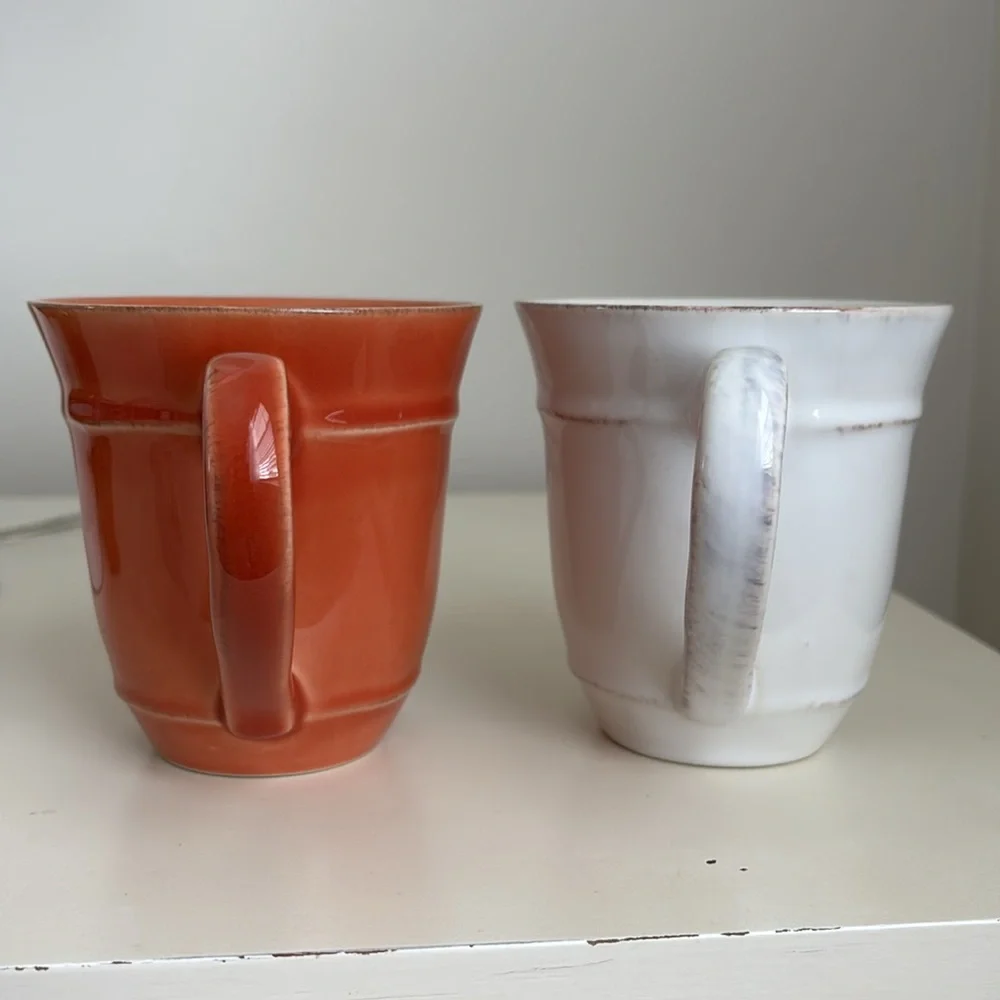 2 Pottery Barn Coffee Mugs Handcrafted in Portugal Terracotta/ Rust White